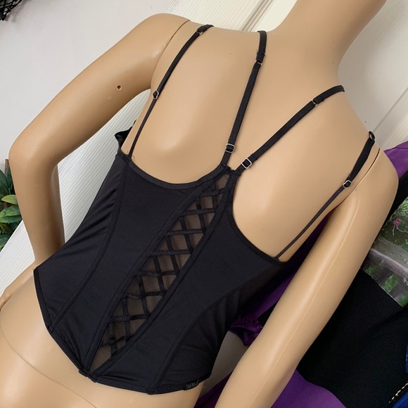 Vintage 90's black padded underwire lace up boned push up corset bustier top L - Picture 4 of 15